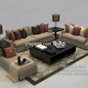 Grey Fabric Sofa With Cushions Coffee Table And Carpet 3d model