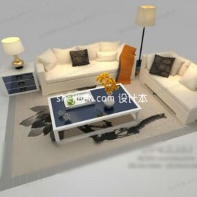 Hvid stofsofa med moderne sofabord og tæppe 3d-model