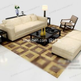Conjunto de sofá branco com carpete e mesa Modelo 3d