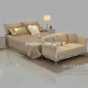 Double Bed Bedroom Set Beige Color 3d model