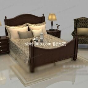 Wood Double Bed Full Set 3d model