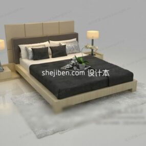 Cama doble con colchón y mesita de noche modelo 3d