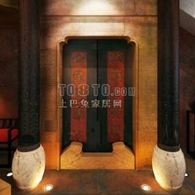 Asian Temple Interior With Wooden Column 3d model