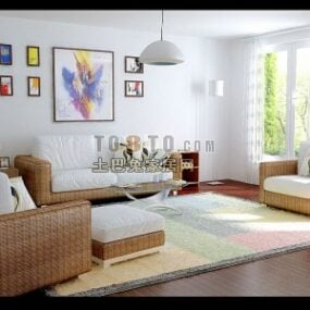 3D model obývacího pokoje s ratanovou pohovkou