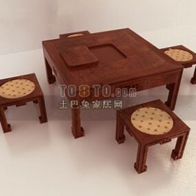 שולחן קפה עם ארבעה כסאות וקערת פירות דגם תלת מימד