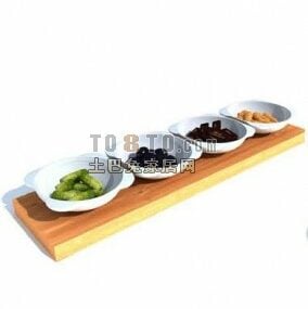 木製トレイ上のキッチン用品皿3Dモデル