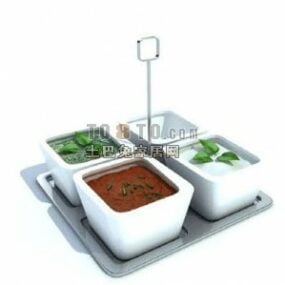 餐具方形杯与托盘上的食物3d模型