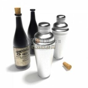 Τρισδιάστατο μοντέλο σε μπουκάλι κρασιού και φλιτζάνια επιτραπέζιων σκευών