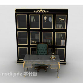 Antique Study Table Chair With Bookcase 3d model