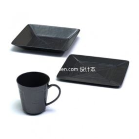 Plato de cocina negro con taza V1 modelo 3d