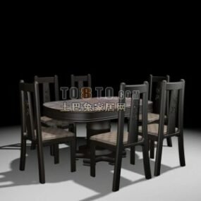 Musta Pyöreä Ruokapöytä Puutuoli 3D-malli