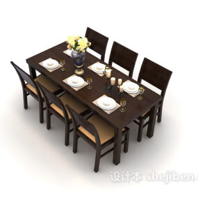 Brown Wood Dinning Table Chair 3d model