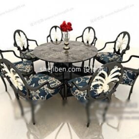 Round Dining Table With Antique Chairs 3d model