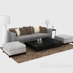 Harmaa sohva jakkaralla ja sohvapöydällä 3d-malli