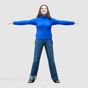 Camisa Azul Mulher Personagem T Pose Modelo 3D