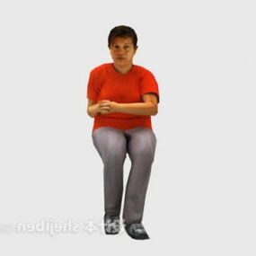 赤シャツの女性キャラクターが座っている3Dモデル