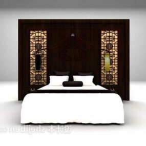 中式双人床带后墙装饰3d模型