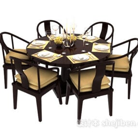 Chinese Round Dining Table Brown Wood 3d model