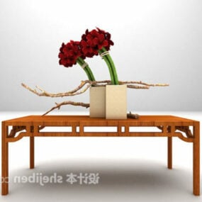 中式木制玄关桌带花盆3d模型