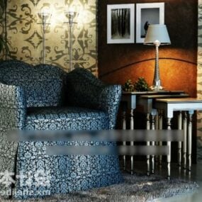 Pokój z fotelem w stylu vintage z niebieskiej tkaniny Model 3D