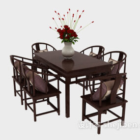 Brown Wood Dinning Table And Chair Set 3d model