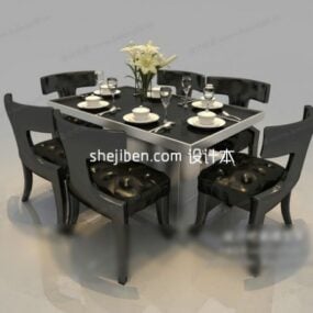 3д модель прямоугольного обеденного стола из черного дерева со стульями