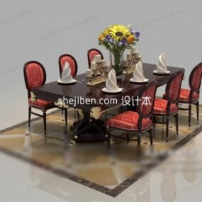 שולחן אוכל חם נוח עם כיסאות דגם תלת מימד