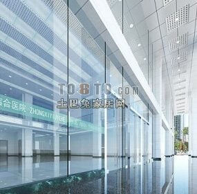 Modello 3d di progettazione della parete in vetro del corridoio dell'ufficio