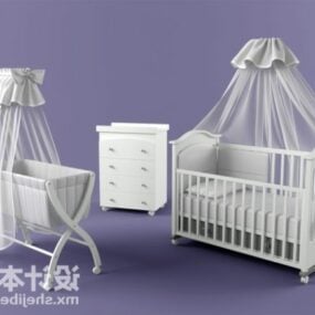 모기장 3d 모델을 갖춘 흰색 유아용 침대