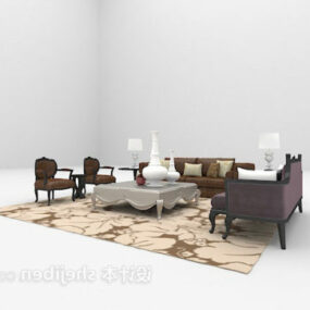 European Brown Leather Sofa With Carpet 3d model