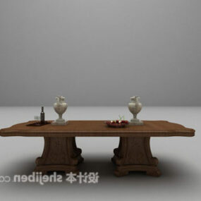 European Brown Table With Tableware 3d model