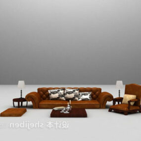 European Classic Leather Sofa Chair Set 3d model