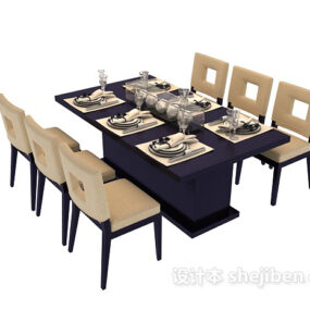 Evropský dřevěný jídelní stůl židle Set 3D model