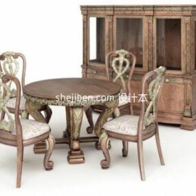 3д модель деревянного обеденного стола, стула, европейская модель