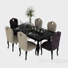 โต๊ะรับประทานอาหารสีดำพร้อมเก้าอี้หลังสูงแบบจำลอง 3 มิติ