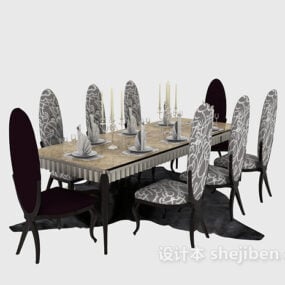 שולחן אוכל וכיסאות יוקרתי אירופאי דגם תלת מימד