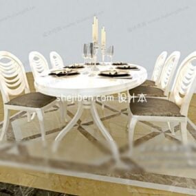 Mẫu bàn tròn gỗ trắng châu Âu có ghế 3d