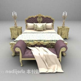 欧洲古董紫色双人床套装3d模型