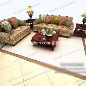Καφέ Καναπές Τριών Καθισμάτων με Μαξιλάρια 3d μοντέλο