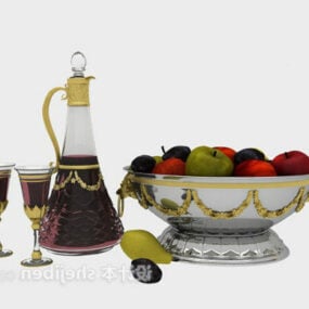 مدل سه بعدی بشقاب میوه با بطری شراب