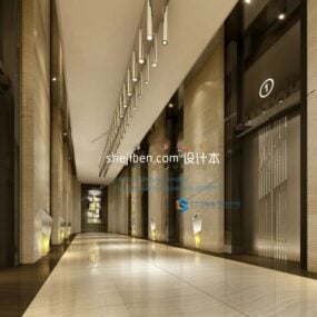 Modello 3d della scena interna del corridoio moderno dell'hotel