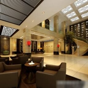 Nội thất hành lang khách sạn với mô hình 3d trang trí ánh sáng