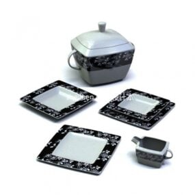 Europäisches Teekannen-Set, schwarzes Muster, 3D-Modell