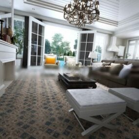 Living Room Interior Scene With Big Chandelier 3d model