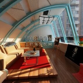 Interior de habitación tipo loft con cama modelo 3d