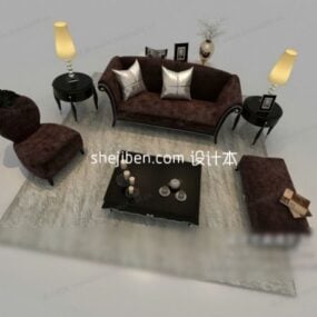 Sofa-Couchtisch-Set aus braunem Stoff, 3D-Modell