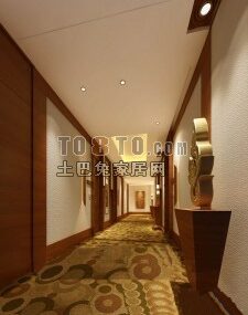 Hotel Corridor With Wood Wall Decoration 3d model