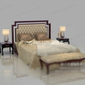 Modern White Double Bed With Painting Decoration 3d model
