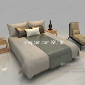 Modern Double Bed With Mattress Nightstand 3d model