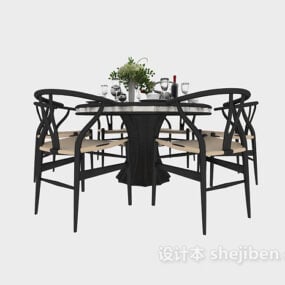 Moderní dřevěný kulatý jídelní stůl židle Set 3D model